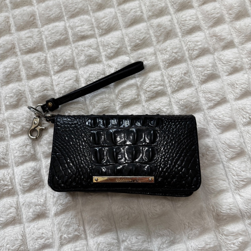 Brahmin Debra Black Leather Croc Embossed Wristlet Wallet